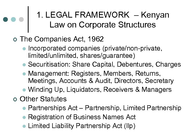 1. LEGAL FRAMEWORK – Kenyan Law on Corporate Structures ¢ The Companies Act, 1962