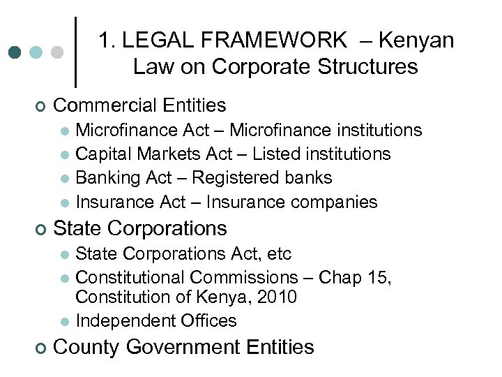 1. LEGAL FRAMEWORK – Kenyan Law on Corporate Structures ¢ Commercial Entities Microfinance Act