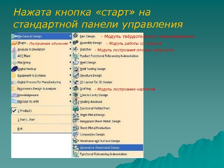 Нажата кнопка «старт» на стандартной панели управления - Модуль твёрдотельного моделирования - Построение оболочек