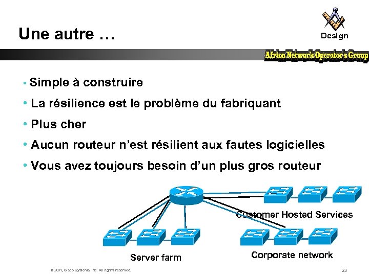 Une autre … Design • Simple à construire • La résilience est le problème