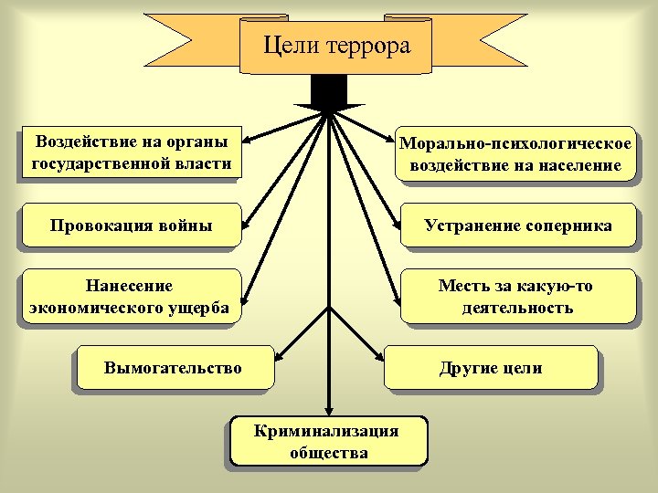 Цели террора Воздействие на органы государственной власти Морально-психологическое воздействие на население Провокация войны Устранение