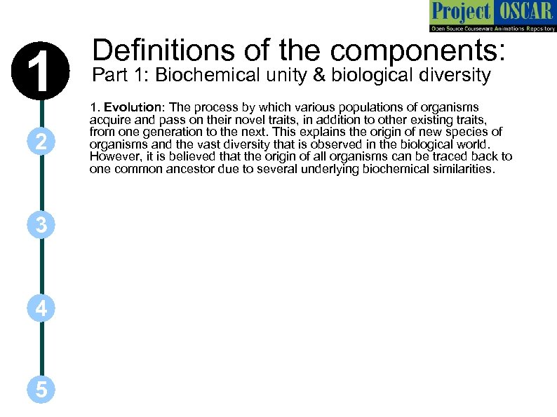 1 2 3 4 5 Definitions of the components: Part 1: Biochemical unity &