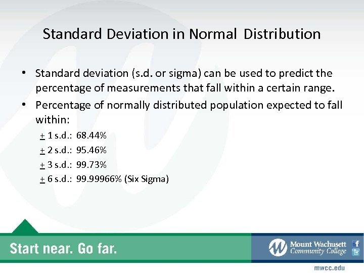 Standard Deviation in Normal Distribution • Standard deviation (s. d. or sigma) can be