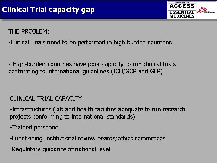 Clinical Trial capacity gap THE PROBLEM: -Clinical Trials need to be performed in high