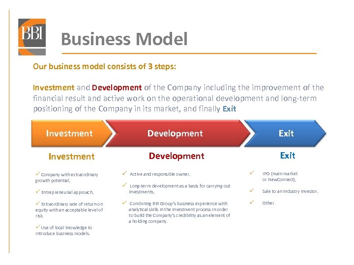 Business Model Our business model consists of 3 steps: Investment and Development of the