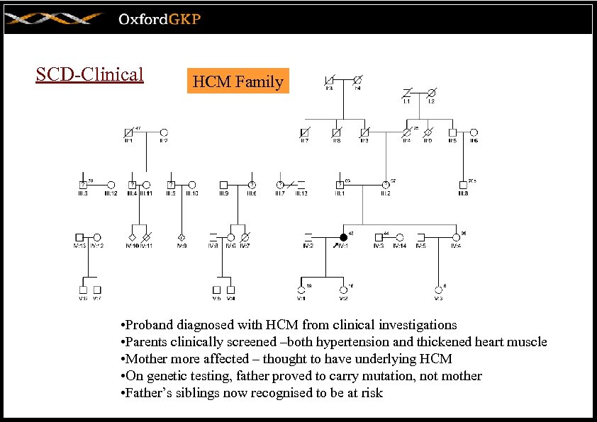 SCD-Clinical HCM Family • Proband diagnosed with HCM from clinical investigations • Parents clinically