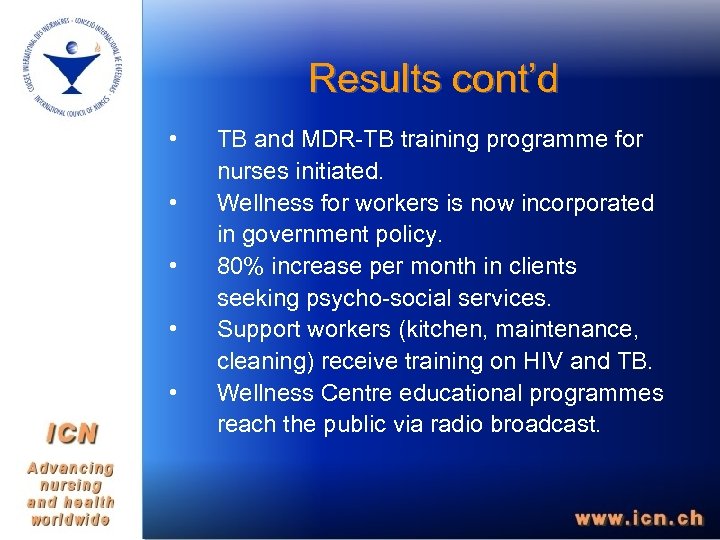 Results cont’d • • • TB and MDR-TB training programme for nurses initiated. Wellness