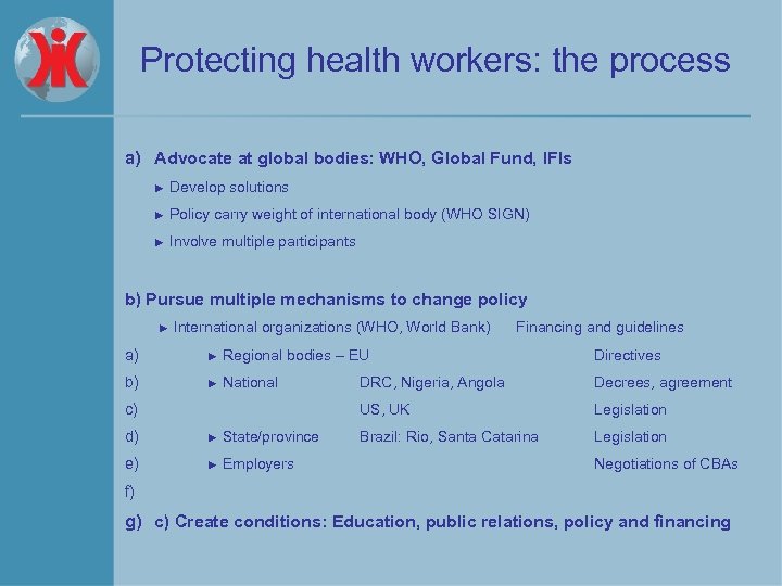 Protecting health workers: the process a) Advocate at global bodies: WHO, Global Fund, IFIs