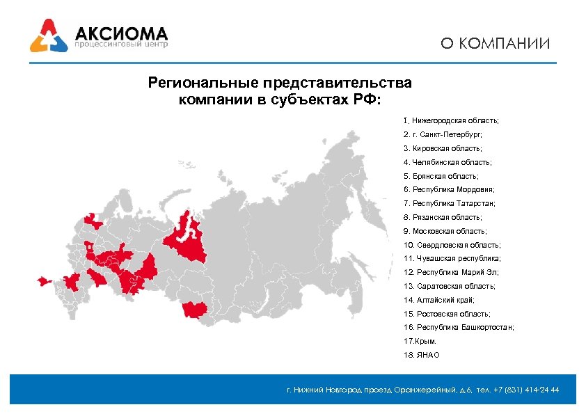 О КОМПАНИИ Региональные представительства компании в субъектах РФ: 1. Нижегородская область; 2. г. Санкт-Петербург;