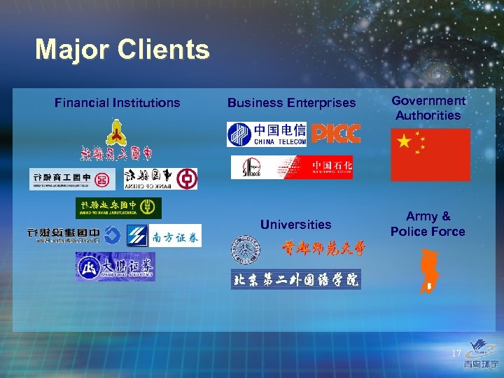 Major Clients Financial Institutions Business Enterprises Universities Government Authorities Army & Police Force 17