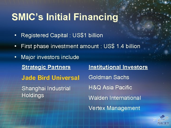 SMIC’s Initial Financing • Registered Capital : US$1 billion • First phase investment amount
