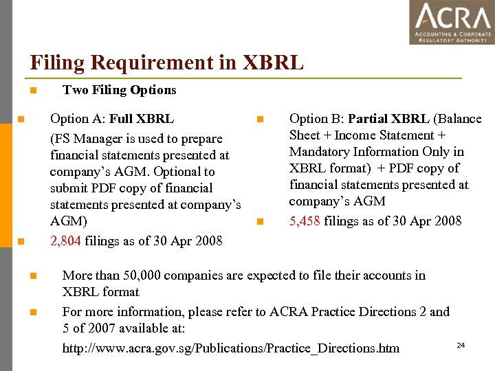 Filing Requirement in XBRL n Two Filing Options Option A: Full XBRL (FS Manager