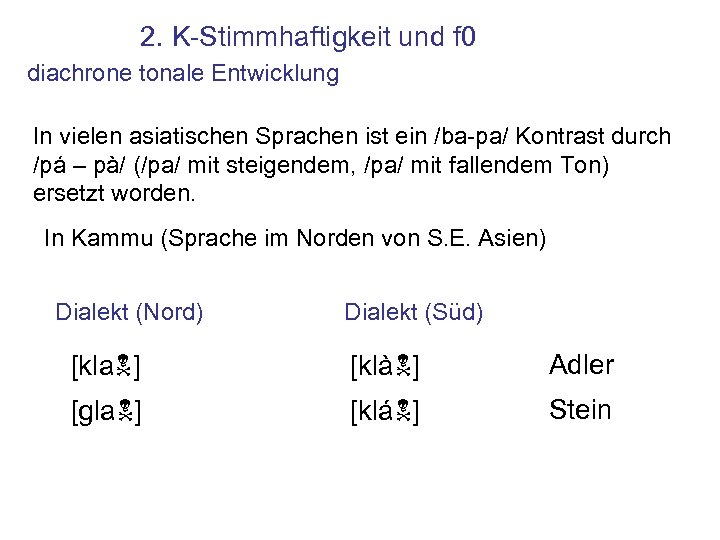 2. K-Stimmhaftigkeit und f 0 diachrone tonale Entwicklung In vielen asiatischen Sprachen ist ein