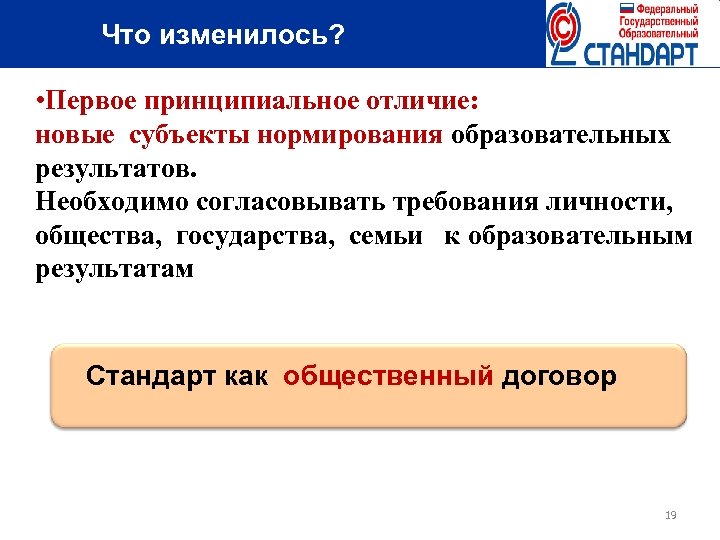  Что изменилось? • Первое принципиальное отличие: новые субъекты нормирования образовательных результатов. Необходимо согласовывать