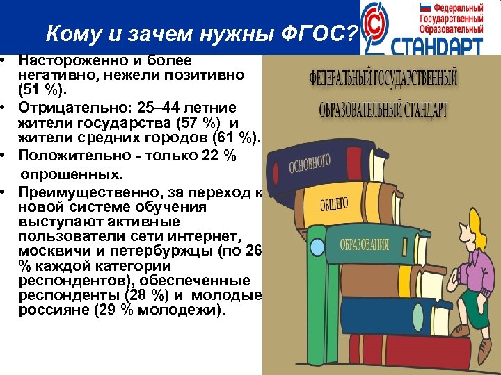 Кому и зачем нужны ФГОС? • Настороженно и более негативно, нежели позитивно (51 %).