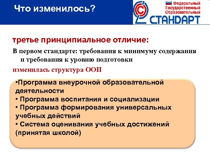  Что изменилось? третье принципиальное отличие: В первом стандарте: требования к минимуму содержания и