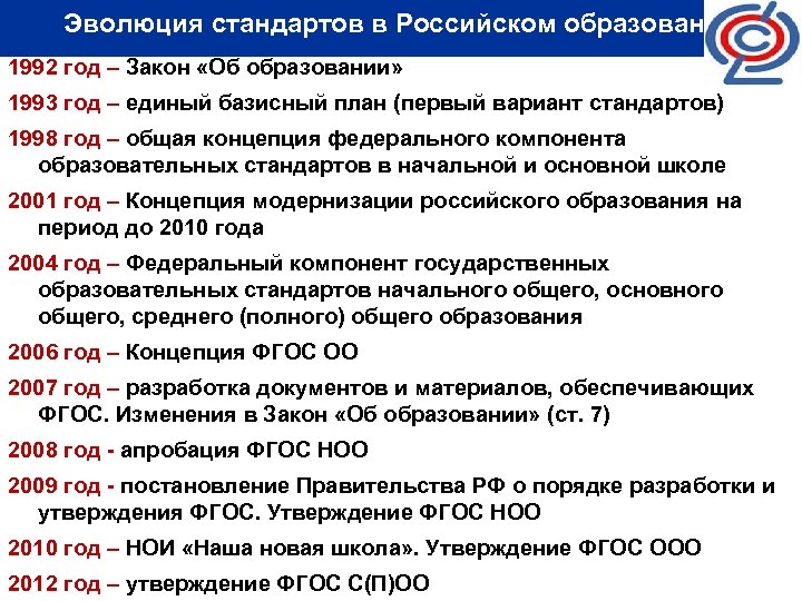 Эволюция стандартов в Российском образовании 1992 год – Закон «Об образовании» 1993 год –