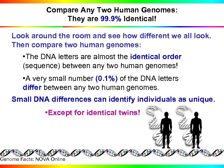 Compare Any Two Human Genomes: They are 99. 9% Identical! Look around the room