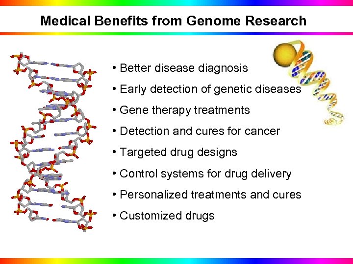 Medical Benefits from Genome Research • Better disease diagnosis • Early detection of genetic