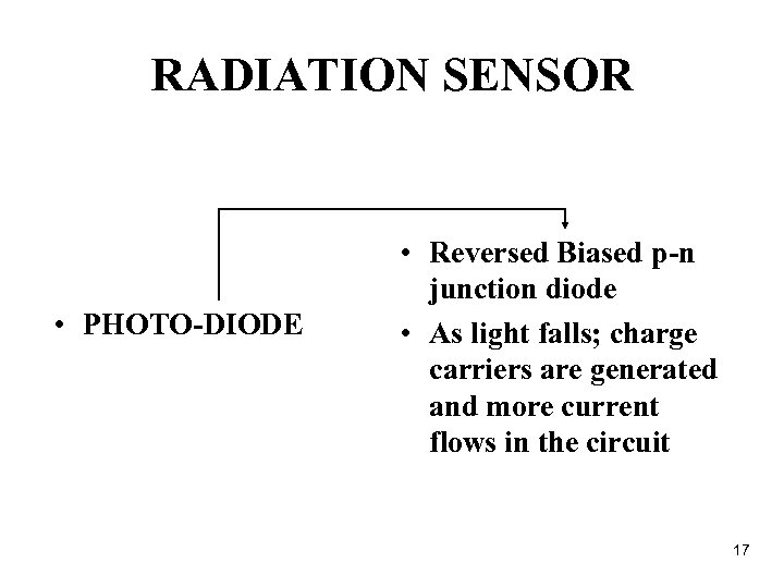 RADIATION SENSOR • PHOTO-DIODE • Reversed Biased p-n junction diode • As light falls;