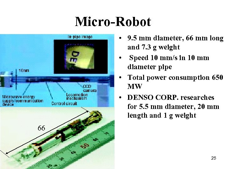 Micro-Robot • 9. 5 mm diameter, 66 mm long and 7. 3 g weight