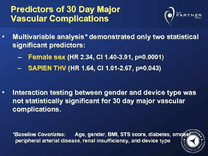 Predictors of 30 Day Major Vascular Complications • Multivariable analysis* demonstrated only two statistical