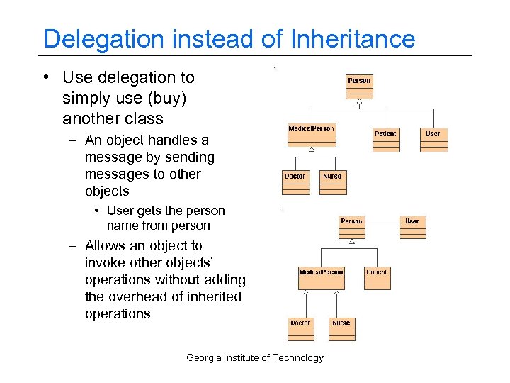 Delegation instead of Inheritance • Use delegation to simply use (buy) another class –
