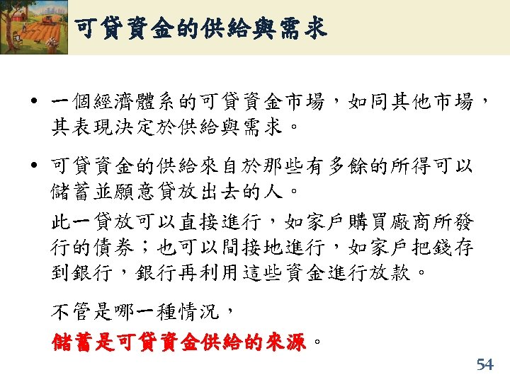 可貸資金的供給與需求 • 一個經濟體系的可貸資金市場，如同其他市場， 其表現決定於供給與需求。 • 可貸資金的供給來自於那些有多餘的所得可以 儲蓄並願意貸放出去的人。 此一貸放可以直接進行，如家戶購買廠商所發 行的債券；也可以間接地進行，如家戶把錢存 到銀行，銀行再利用這些資金進行放款。 不管是哪一種情況， 儲蓄是可貸資金供給的來源。 儲蓄是可貸資金供給的來源 54
