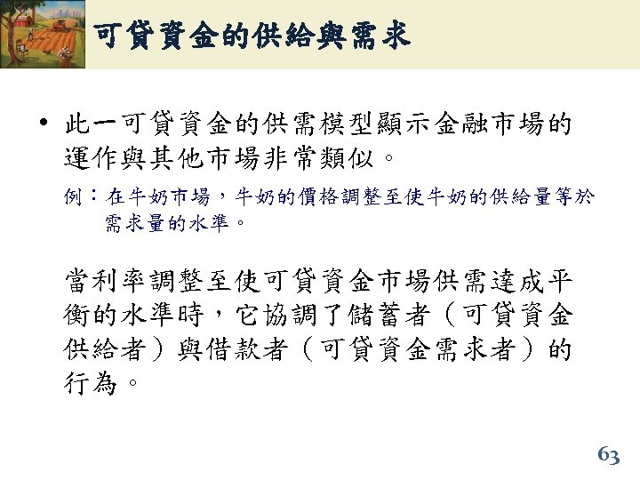 可貸資金的供給與需求 • 此一可貸資金的供需模型顯示金融市場的 運作與其他市場非常類似。 例：在牛奶市場，牛奶的價格調整至使牛奶的供給量等於 需求量的水準。 當利率調整至使可貸資金市場供需達成平 衡的水準時，它協調了儲蓄者（可貸資金 供給者）與借款者（可貸資金需求者）的 行為。 63 