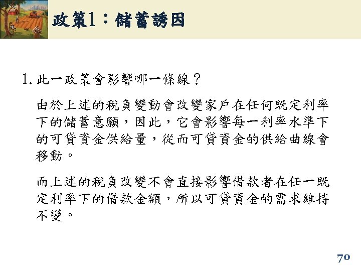 政策 1：儲蓄誘因 1. 此一政策會影響哪一條線？ 由於上述的稅負變動會改變家戶在任何既定利率 下的儲蓄意願，因此，它會影響每一利率水準下 的可貸資金供給量，從而可貸資金的供給曲線會 移動。 而上述的稅負改變不會直接影響借款者在任一既 定利率下的借款金額，所以可貸資金的需求維持 不變。 70 