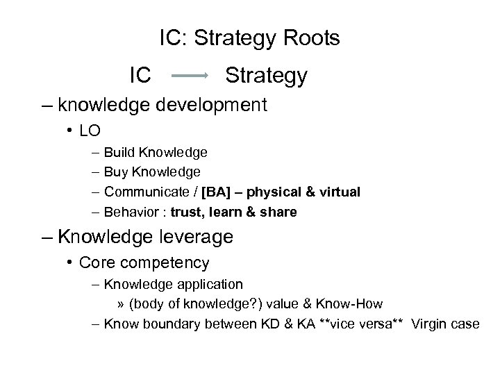 IC: Strategy Roots IC Strategy – knowledge development • LO – – Build Knowledge