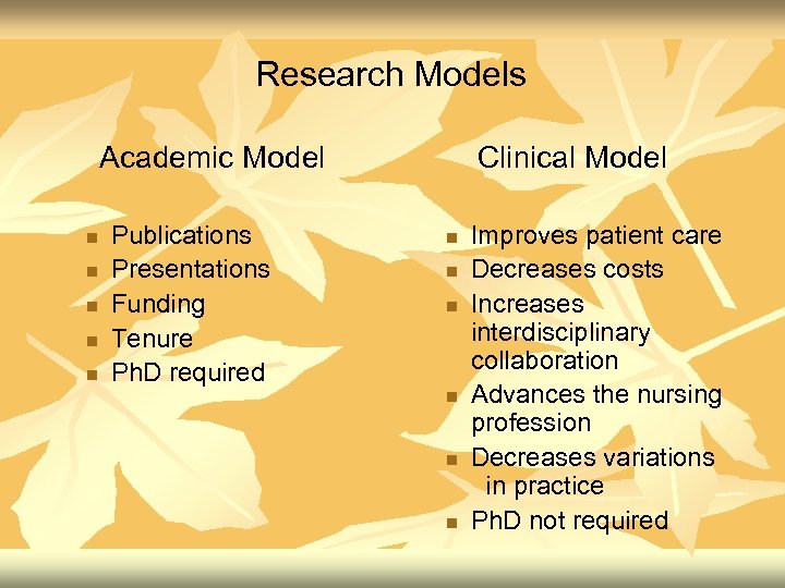 Research Models Academic Model n n n Publications Presentations Funding Tenure Ph. D required