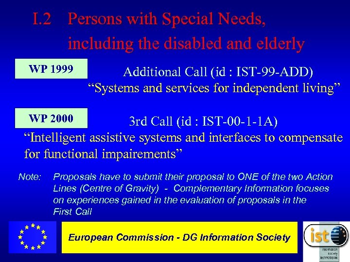 I. 2 Persons with Special Needs, including the disabled and elderly WP 1999 Additional