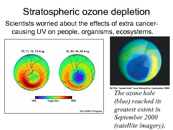 Stratospheric ozone depletion Scientists worried about the effects of extra cancercausing UV on people,