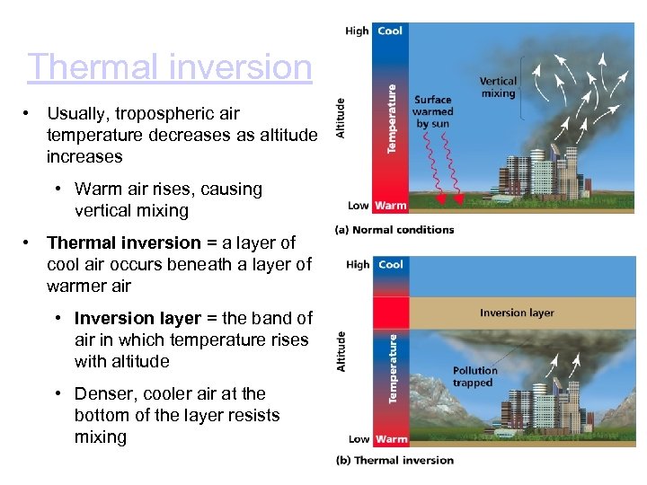 Thermal inversion • Usually, tropospheric air temperature decreases as altitude increases • Warm air