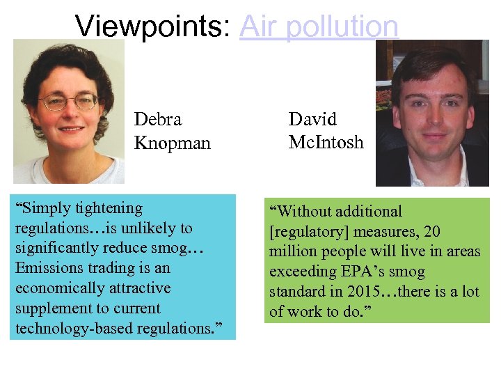 Viewpoints: Air pollution Debra Knopman “Simply tightening regulations…is unlikely to significantly reduce smog… Emissions