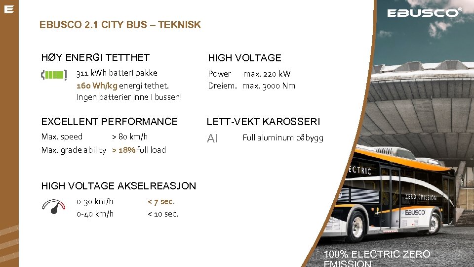 EBUSCO 2. 1 CITY BUS – TEKNISK HØY ENERGI TETTHET 311 k. Wh batter.