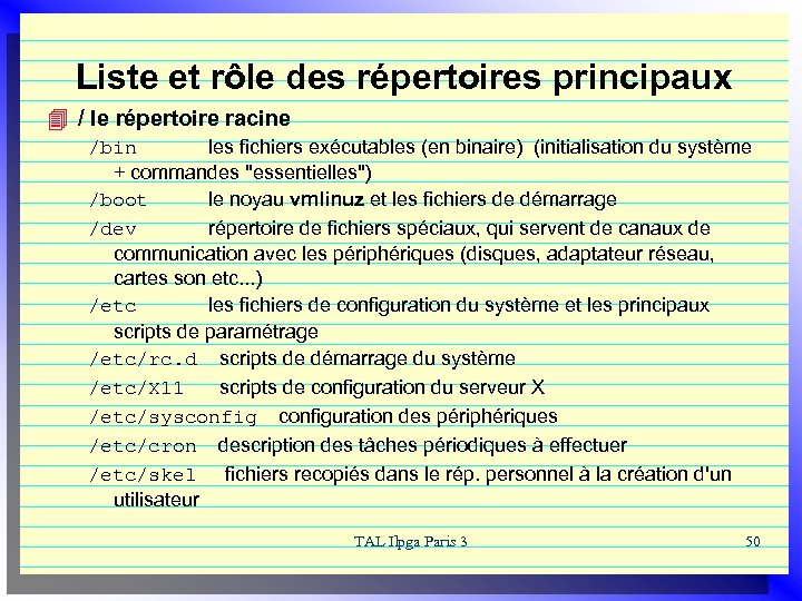 Liste et rôle des répertoires principaux 4 / le répertoire racine /bin les fichiers