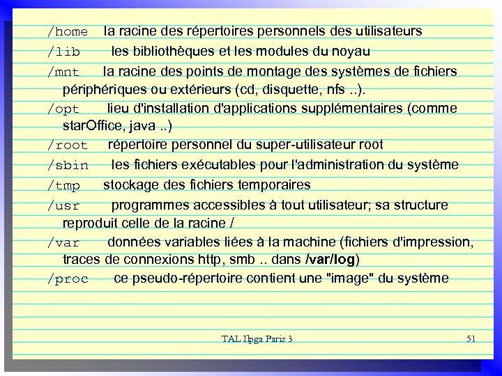 /home la racine des répertoires personnels des utilisateurs /lib les bibliothèques et les modules