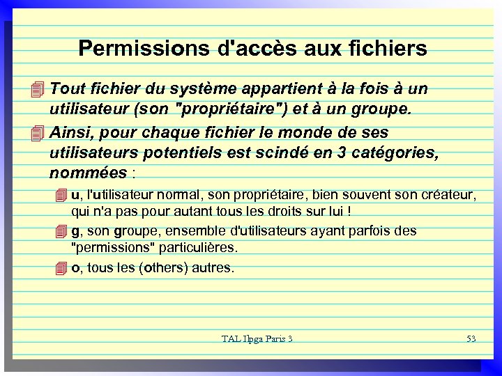 Permissions d'accès aux fichiers 4 Tout fichier du système appartient à la fois à