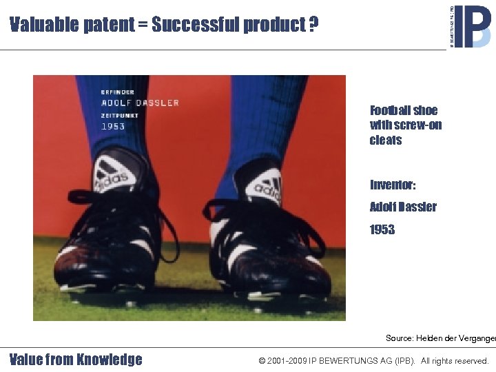 Valuable patent = Successful product ? Football shoe with screw-on cleats Inventor: Adolf Dassler