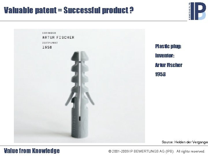 Valuable patent = Successful product ? Plastic plug: Inventor: Artur Fischer 1958 Source: Helden