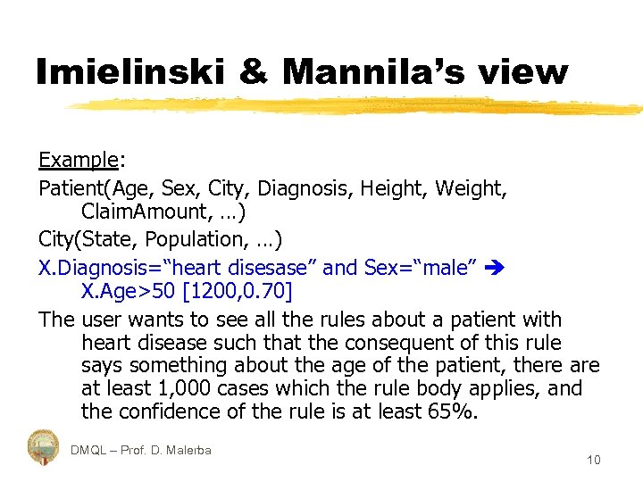 Imielinski & Mannila’s view Example: Patient(Age, Sex, City, Diagnosis, Height, Weight, Claim. Amount, …)