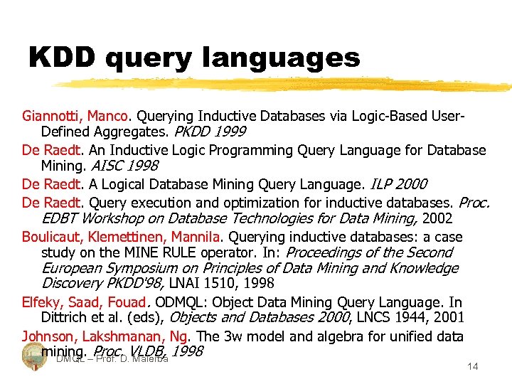 KDD query languages Giannotti, Manco. Querying Inductive Databases via Logic-Based User. Defined Aggregates. PKDD