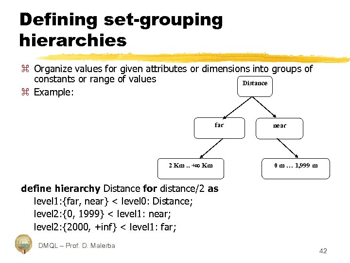 Defining set-grouping hierarchies z Organize values for given attributes or dimensions into groups of