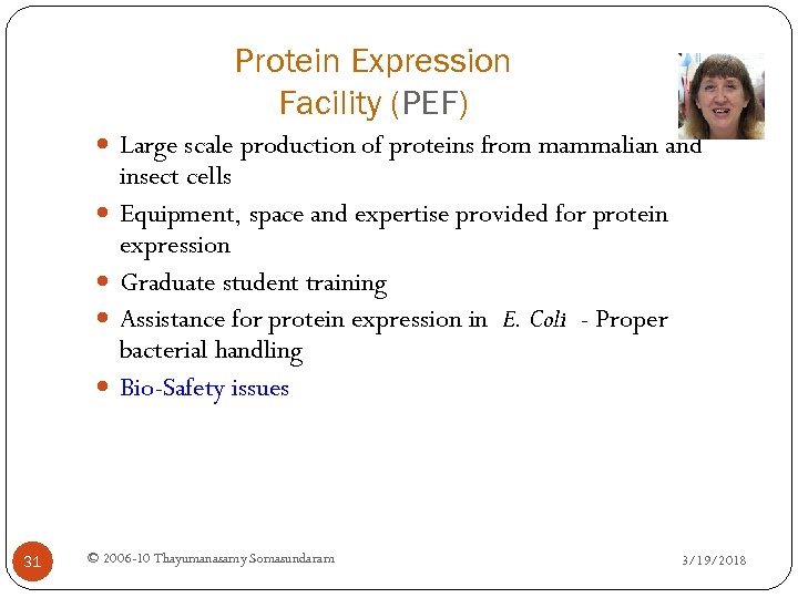 Protein Expression Facility (PEF) Large scale production of proteins from mammalian and 31 insect