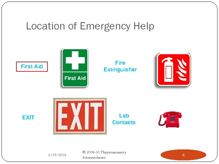 Location of Emergency Help Fire Extinguisher First Aid Lab Contacts EXIT 3/19/2018 © 2006
