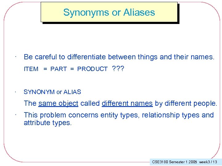 Synonyms or Aliases · Be careful to differentiate between things and their names. ITEM