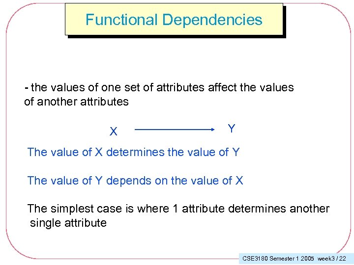 Functional Dependencies - the values of one set of attributes affect the values of