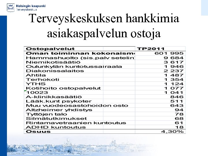 Terveyskeskuksen hankkimia asiakaspalvelun ostoja 